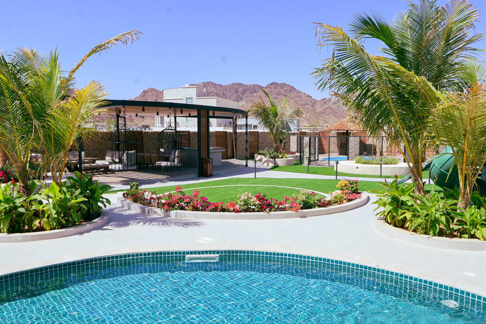 Vida Landscapes project A22 in Masfout — a curved swimming pool, palm planting and manicured lawn set against the mountains