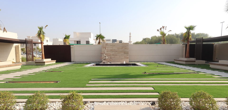 Large-scale landscaped grounds with terraces, lawn banding and planting, project A33
